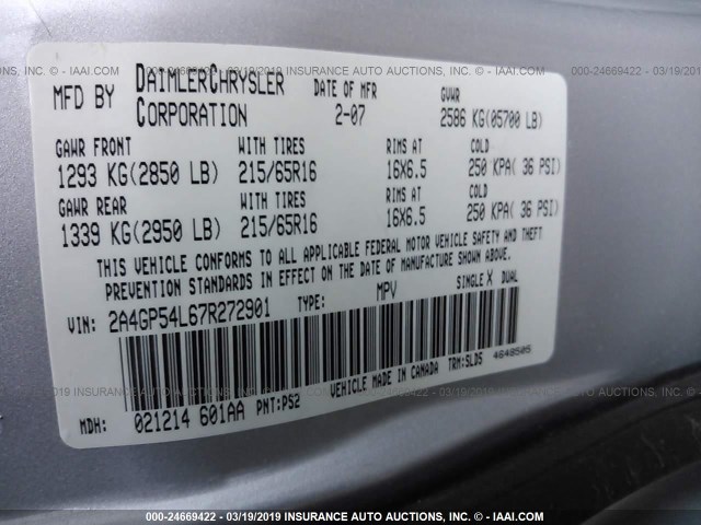 2A4GP54L67R272901 - 2007 CHRYSLER TOWN & COUNTRY TOURING SILVER photo 9