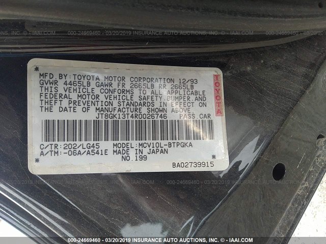 JT8GK13T4R0026746 - 1994 LEXUS ES 300 BLACK photo 9