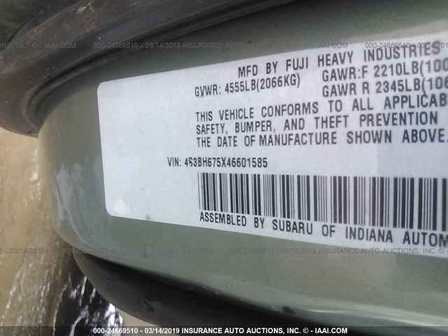 4S3BH675X46601585 - 2004 SUBARU LEGACY OUTBACK AWP 绿色 照片 9