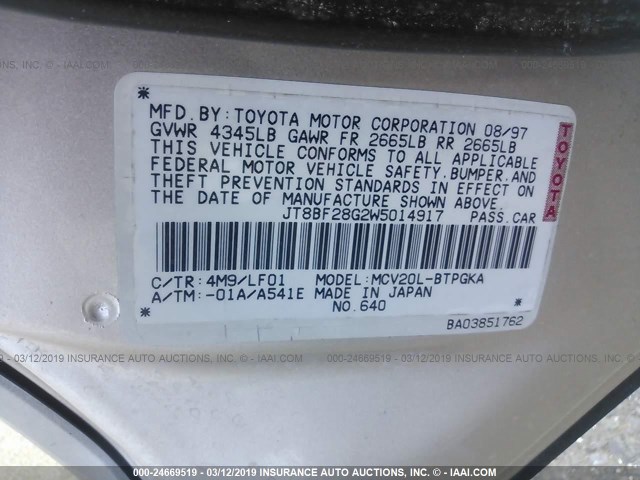 JT8BF28G2W5014917 - 1998 LEXUS ES 300 SILVER photo 9