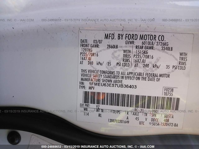 1FMEU63E57UB36403 - 2007 FORD EXPLORER XLT WHITE photo 9