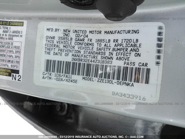 1NXBR32E44Z318383 - 2004 TOYOTA COROLLA CE/LE/S GRAY photo 9