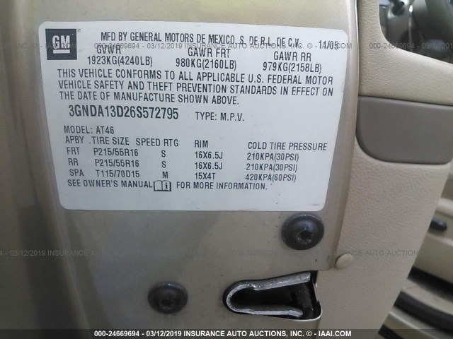 3GNDA13D26S572795 - 2006 CHEVROLET HHR LS Ոսկեգույն լուսանկար 9