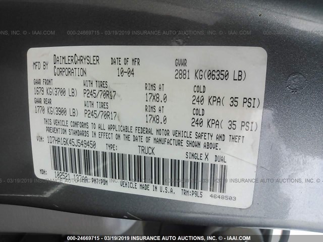 1D7HA16K45J549450 - 2005 DODGE RAM 1500 ST GRAY photo 9