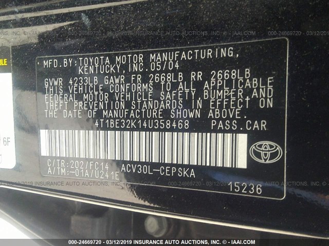 4T1BE32K14U358468 - 2004 TOYOTA CAMRY LE/XLE/SE BLACK photo 9