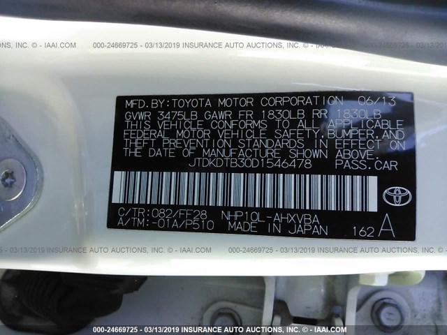 JTDKDTB30D1546478 - 2013 TOYOTA PRIUS C WHITE photo 9