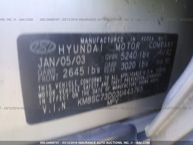 KM8SC73D03U443765 - 2003 HYUNDAI SANTA FE GLS/LX SILVER photo 9