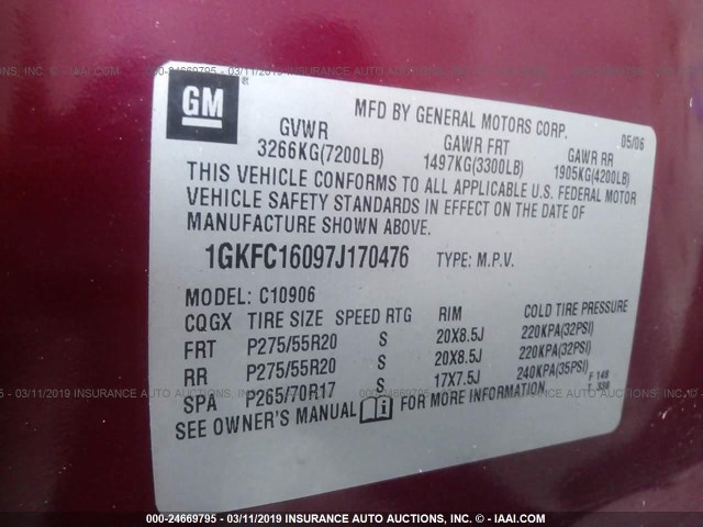 1GKFC16097J170476 - 2007 GMC YUKON XL C1500 BURGUNDY photo 9