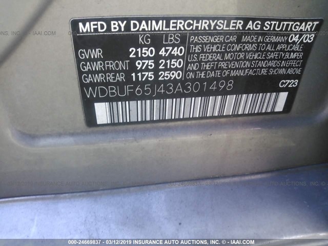 WDBUF65J43A301498 - 2003 MERCEDES-BENZ E 320 SILVER photo 9