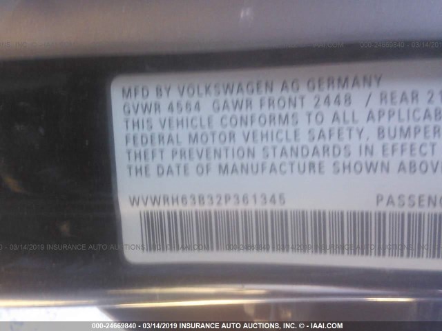 WVWRH63B32P361345 - 2002 VOLKSWAGEN PASSAT GLX 黑色 照片 9