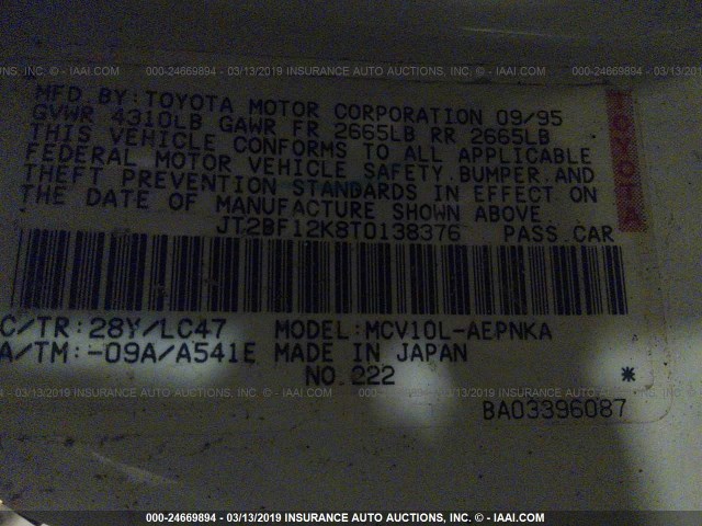 JT2BF12K8T0138376 - 1996 TOYOTA CAMRY LE/XLE/SE WHITE photo 9