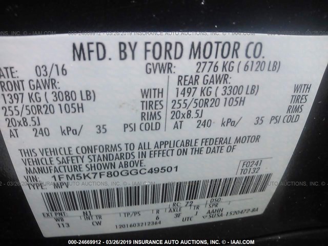 1FM5K7F80GGC49501 - 2016 FORD EXPLORER LIMITED BLUE photo 9