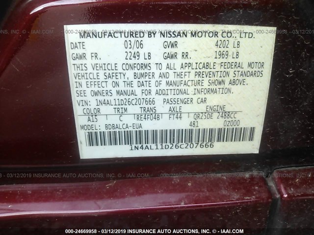 1N4AL11D26C207666 - 2006 NISSAN ALTIMA S/SL MAROON photo 9