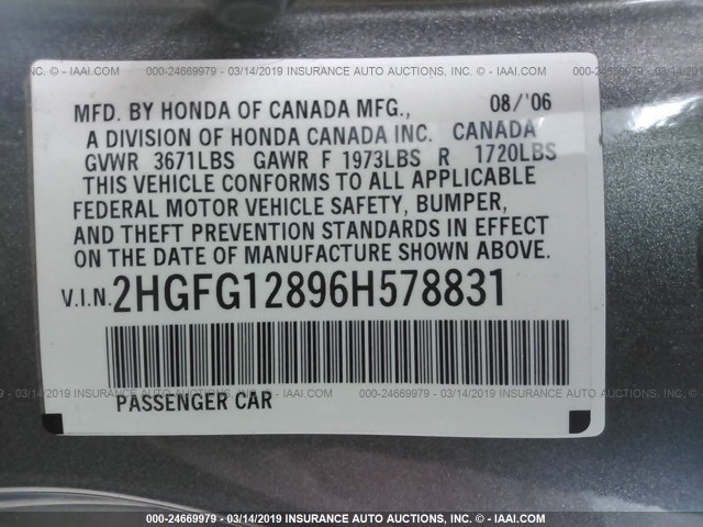 2HGFG12896H578831 - 2006 HONDA CIVIC EX GRAY photo 9