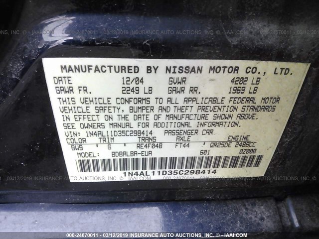 1N4AL11D35C298414 - 2005 NISSAN ALTIMA S/SL Dark Blue photo 9