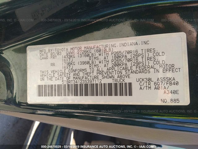 5TBRT34123S397112 - 2003 TOYOTA TUNDRA ACCESS CAB SR5 GREEN photo 9