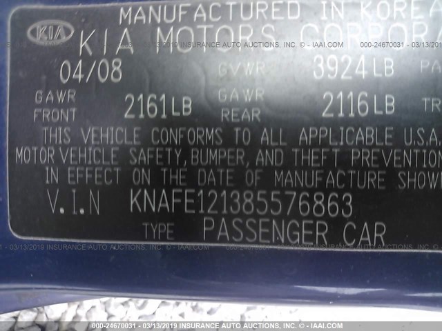 KNAFE121385576863 - 2008 KIA SPECTRA EX/LX/SX BLUE photo 9