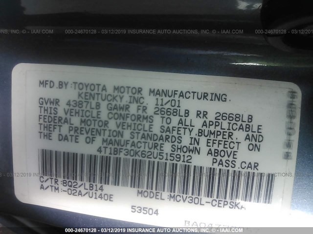 4T1BF30K62U515912 - 2002 TOYOTA CAMRY LE/XLE/SE BLUE photo 9