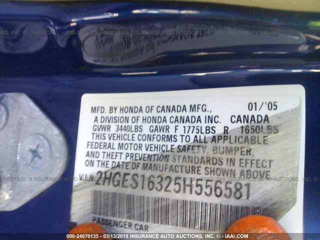 2HGES16325H556581 - 2005 HONDA CIVIC DX VP Կապույտ լուսանկար 9