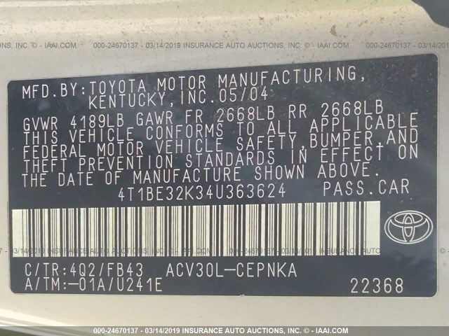 4T1BE32K34U363624 - 2004 TOYOTA CAMRY LE/XLE/SE TAN photo 9