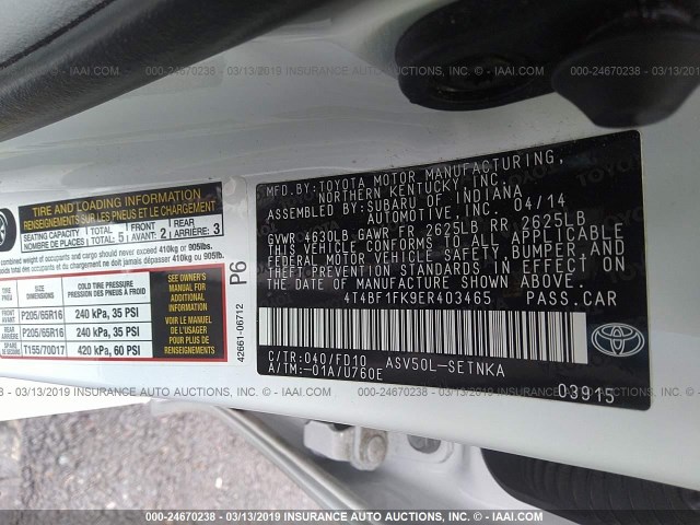 4T4BF1FK9ER403465 - 2014 TOYOTA CAMRY L/SE/LE/XLE 白色 照片 9