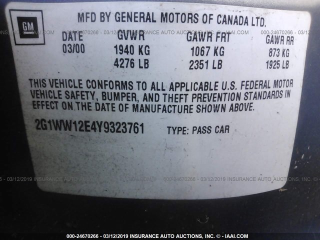 2G1WW12E4Y9323761 - 2000 CHEVROLET MONTE CARLO LS ლურჯი ფოტო 9