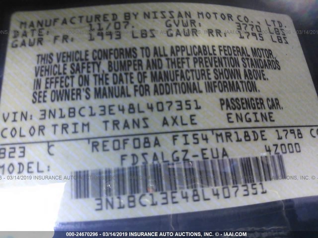 3N1BC13E48L407351 - 2008 NISSAN VERSA S/SL BLUE photo 9