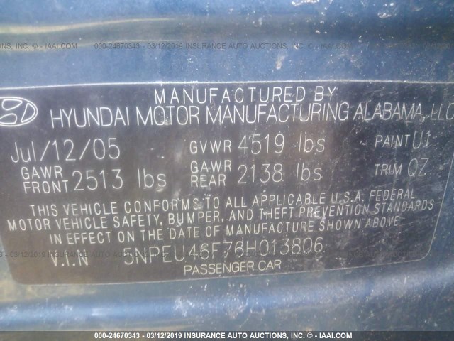 5NPEU46F76H013806 - 2006 HYUNDAI SONATA GLS/LX BLUE photo 9