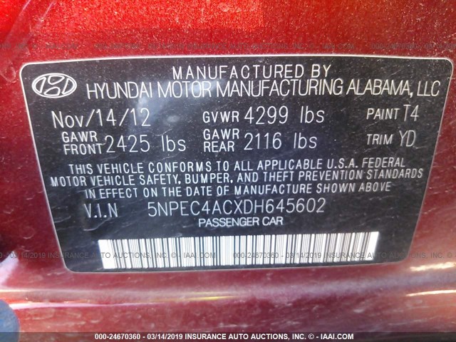 5NPEC4ACXDH645602 - 2013 HYUNDAI SONATA SE/LIMITED RED photo 9