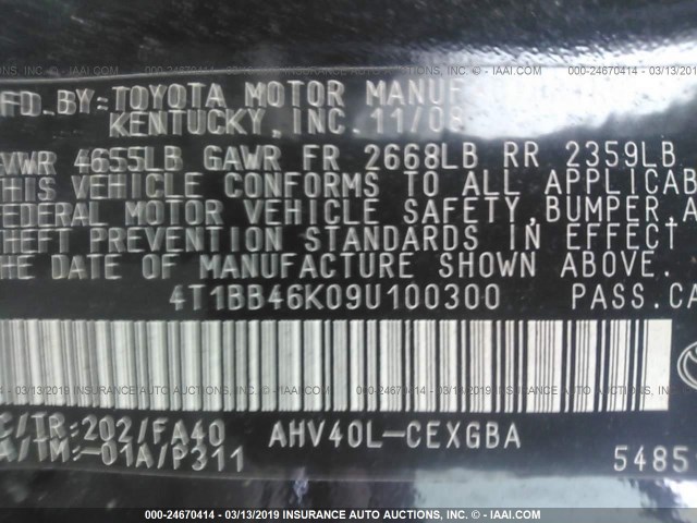 4T1BB46K09U100300 - 2009 TOYOTA CAMRY HYBRID BLACK photo 9