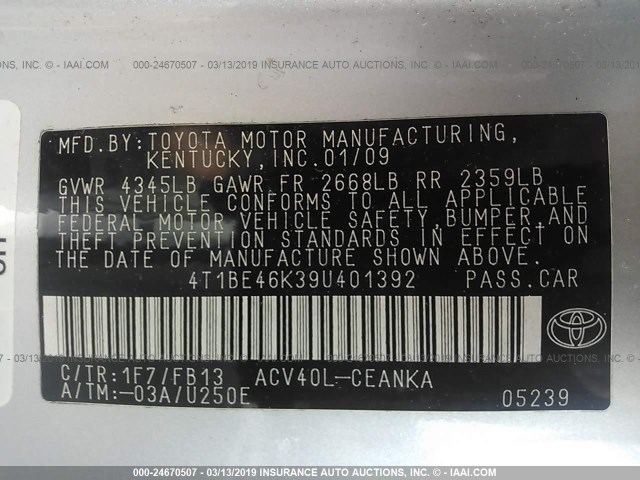 4T1BE46K39U401392 - 2009 TOYOTA CAMRY SE/LE/XLE 银色 照片 9