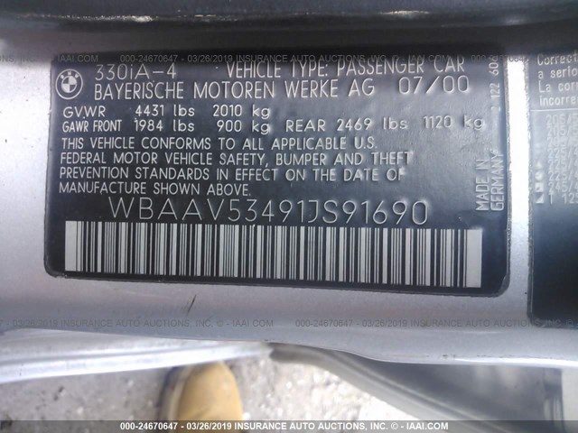 WBAAV53491JS91690 - 2001 BMW 330 I SILVER photo 9