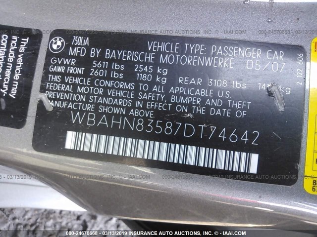 WBAHN83587DT74642 - 2007 BMW 750 GRAY photo 9