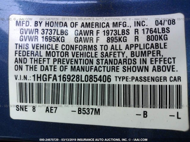 1HGFA16928L085406 - 2008 HONDA CIVIC EXL Mavi foto 9