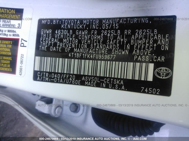 4T1BF1FK4FU959677 - 2015 TOYOTA CAMRY LE/XLE/SE/XSE 白色 照片 9