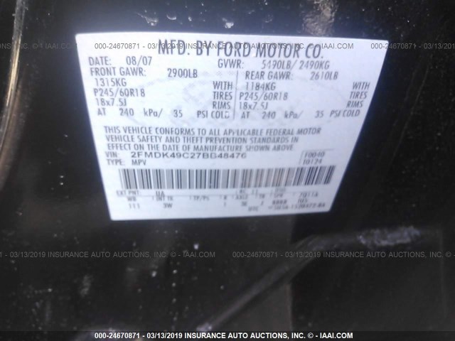 2FMDK49C27BB48476 - 2007 FORD EDGE SEL PLUS BLACK photo 9