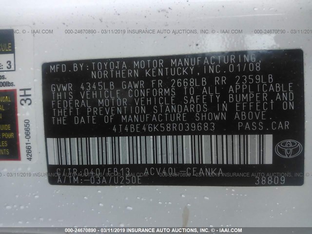 4T4BE46K58R039683 - 2008 TOYOTA CAMRY CE/LE/XLE/SE WHITE photo 9