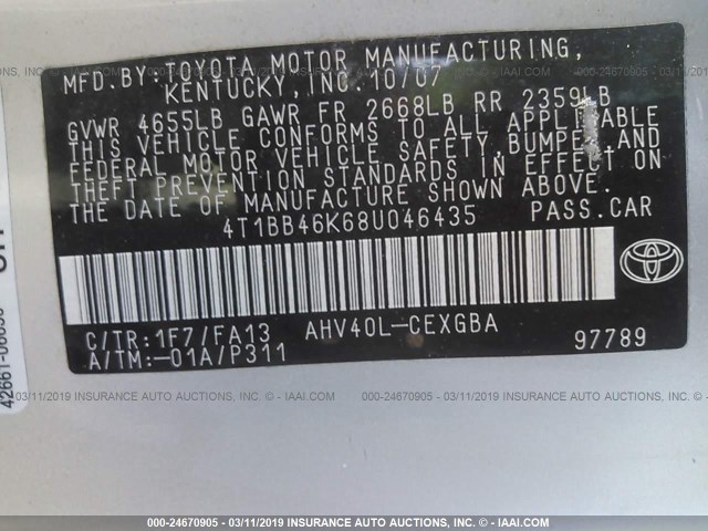 4T1BB46K68U046435 - 2008 TOYOTA CAMRY HYBRID SILVER photo 9