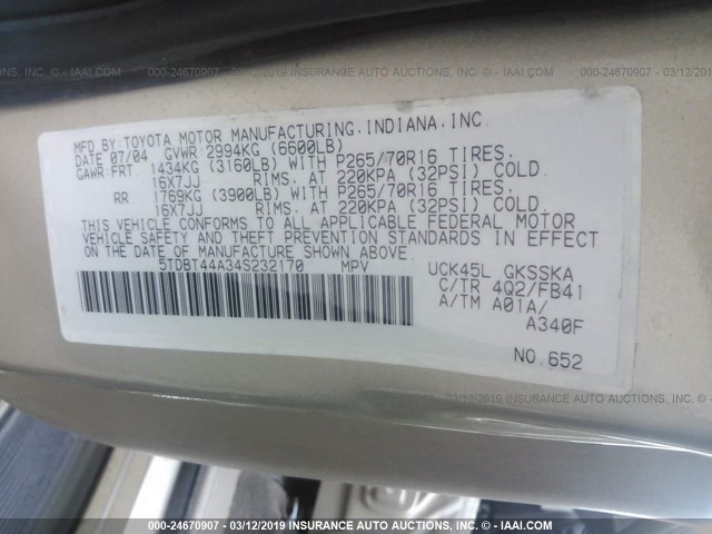 5TDBT44A34S232170 - 2004 TOYOTA SEQUOIA SR5 Champagne photo 9