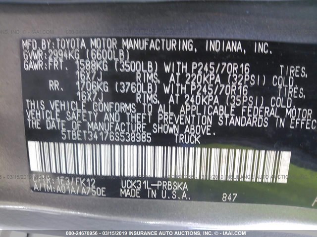 5TBET34176S538985 - 2006 TOYOTA TUNDRA DOUBLE CAB SR5 GRAY photo 9