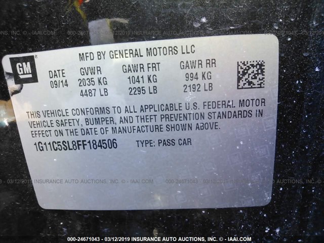 1G11C5SL8FF184506 - 2015 CHEVROLET MALIBU 1LT 黑色 照片 9