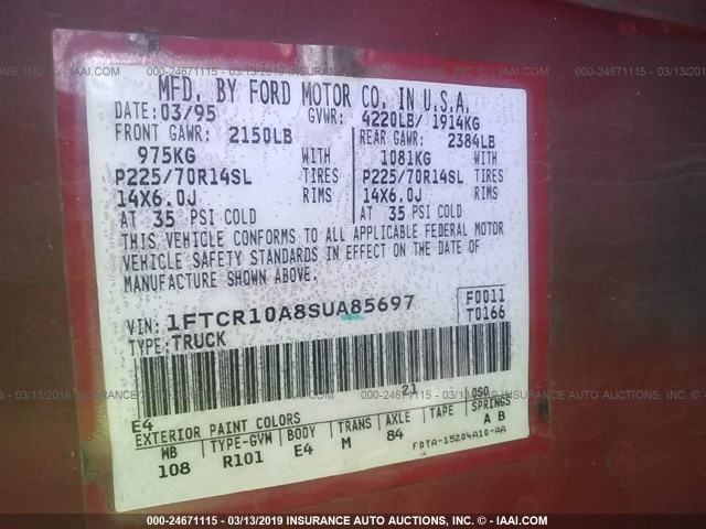 1FTCR10A8SUA85697 - 1995 FORD RANGER RED photo 9