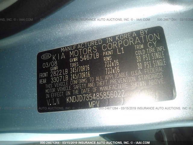 KNDJD735485856022 - 2008 KIA SORENTO EX/LX Light Blue photo 9