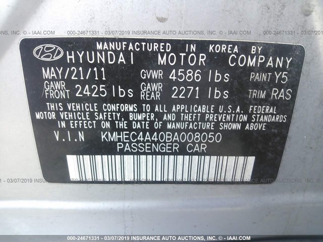 KMHEC4A40BA008050 - 2011 HYUNDAI SONATA HYBRID SILVER photo 9