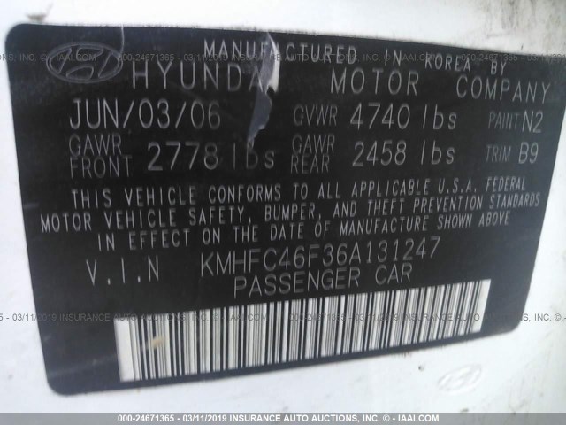 KMHFC46F36A131247 - 2006 HYUNDAI AZERA SE/LIMITED WHITE photo 9