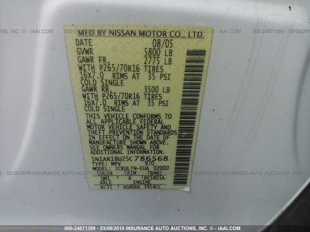 5N1AR18U25C786568 - 2005 NISSAN PATHFINDER LE/SE/XE WHITE photo 9