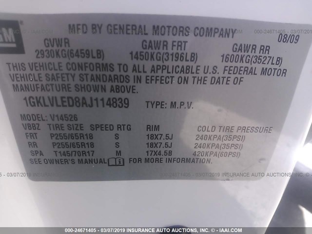 1GKLVLED8AJ114839 - 2010 GMC ACADIA SLE WHITE photo 9