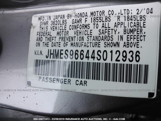 JHMES96644S012936 - 2004 HONDA CIVIC HYBRID GRAY photo 9