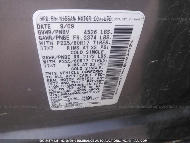 JN8AS5MV8AW601208 - 2010 NISSAN ROGUE S/SL/KROM GRAY photo 9