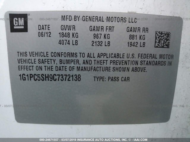 1G1PC5SH9C7372138 - 2012 CHEVROLET CRUZE LS WHITE photo 9